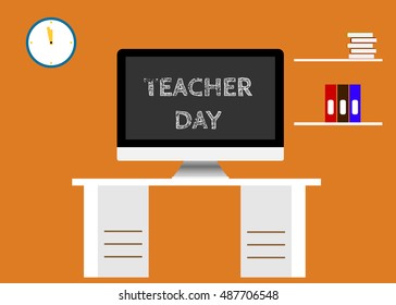 Screen with Inscription Happy teacher day. Teachers working place