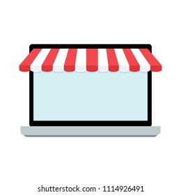 Screen of laptop with awning. Laptop store, copy space for shopping storefront, vector illustration