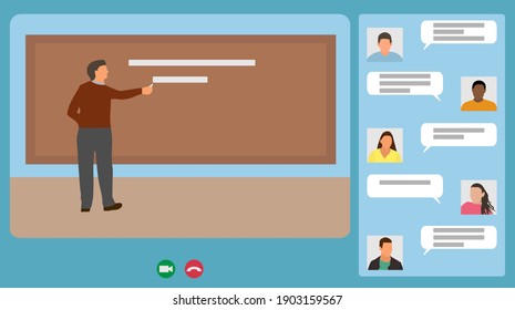 Screen of laptop or computer monitor. Man teacher write chalk on blackboard and students of University chatting. Distance learning, online education, e-learning. Vector illustration