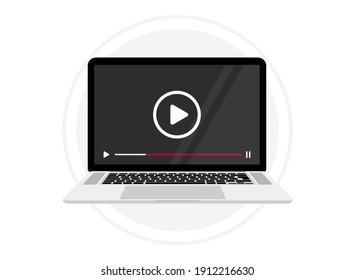 Screen Laptop with video player on screen. Computer with mock up live stream window. Notebook with video player. Concept of Online video, movie, education, web course webinar, training, video tutorial