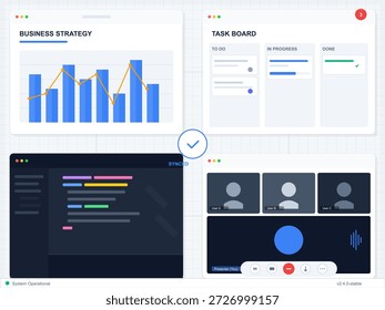 Das Bildschirmlayout enthält Geschäftsstrategiegrafiken, Aufgabenplatinenabschnitte für den Workflow und Benutzeroberflächenmodelle für Teamarbeit. Ideal für Team-Projektmanagement.