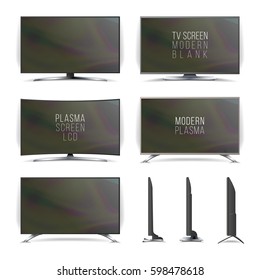 Screen Lcd Plasma Vector. Television Set. Curved and Flat TV screen lcd, plasma. Two Sides. Isolated On White Background.  Realistic vector illustration.