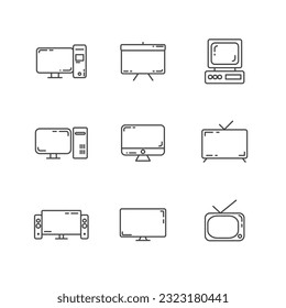 screen line icon set with computer screen, old computer