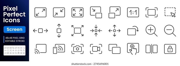 Screen line icon set. Resize, zoom, fullscreen, capture, lock, select area, scalable minimal vector illustrations. Simple outline signs for display interface. 48x48 Pixel Perfect. Editable Stroke