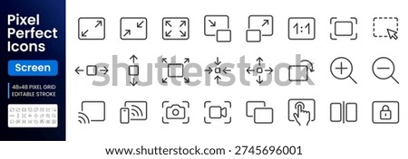 Screen line icon set. Resize, zoom, fullscreen, capture, lock, select area, scalable minimal vector illustrations. Simple outline signs for display interface. 48x48 Pixel Perfect. Editable Stroke