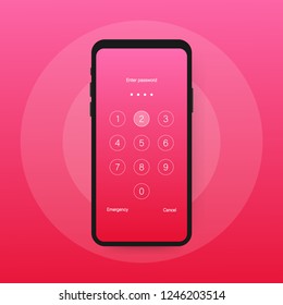 Screen lock authentication password smartphone background template. Illustration of phone ID recognition screen lock password or lock screen passcode numbers display. Vector stock illustration.