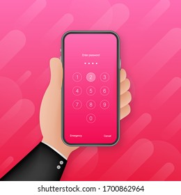 Screen lock authentication password smartphone background template. Illustration of phone ID recognition screenlock password or lockscreen passcode numbers display.