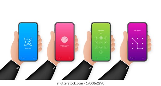 Screen lock authentication password smartphone background template. Illustration of phone ID recognition screenlock password or lockscreen passcode numbers display.