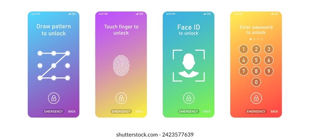 Screen Lock interface concept Set of four mobile phone screen lock Passcode interface for lock screen or enter password pages vector illustration