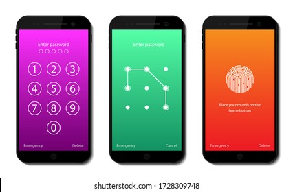 Screen lock on mobile phone. Interface unlock password at home page of smartphone. Slide touch, number passcode on display of application. Protection lockscreen kit on touchscreen of gadget. vector