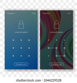 Screen lock pattern password background template on smartphone display. Vector screen lock ID recognition with pattern password on lockscreen