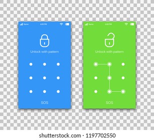 Screen lock pattern password background template on smartphone display. Vector screen lock ID recognition with pattern password on lockscreen