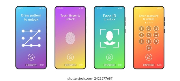 Screen Lock. Set of four mobile phone screen loch Passcode interface for lock screen or enter password pages vector illustration