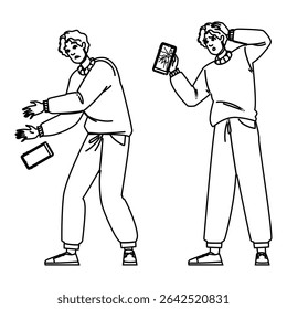 homem de tela vetor de telefone quebrado. rachado correção, substituição quebrada, tela de garantia de seguro homem quebrado personagem de telefone. pessoas linha preta lápis desenho ilustração