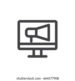Screen and megaphone line icon, outline vector sign, linear style pictogram isolated on white. Online advertising symbol, logo illustration. Thick line design. Pixel perfect graphics