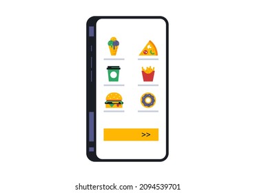Screen of the menu for ordering food with home delivery via a mobile application. Choice of fast food. French fries, burger, donut, ice cream cone, pizza, coffee, phone, app. Vector illustration
