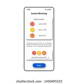 Screen mirroring smartphone interface vector template. Mobile app page color design layout. Duplicating image, video on screen. Flat UI for application. Selecting device for connection phone display