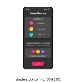 Screen mirroring tool smartphone interface vector template. Mobile app page color design layout. Images, video reflecting technology screen. Flat UI for application. Start connection phone display
