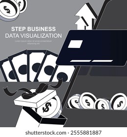 screen of mobile app for payment. Select contact screen, write message, credit card payment screen, update profile screen with linear vector illustration. Black background.