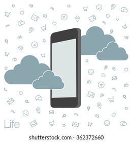 Screen mobile phone with flat icons on the background. Cloud technologies and services in the smartphone. Presentation apps for startup. Illustration of cloud software in the mobile.