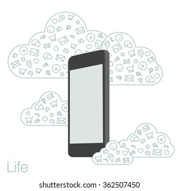 Screen mobile phone with flat icons on the background. Cloud technologies and services in the smartphone. Presentation apps for startup. Illustration of cloud software in the mobile.