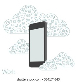 Screen mobile phone with flat icons on the background. Cloud technologies and services in the smartphone. Presentation apps for startup. Illustration of cloud software in the mobile.