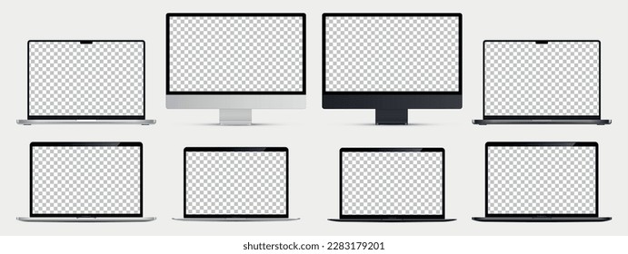 Screen mockup 2023. Tablet, laptop and monoblock monitor silver and black color with blank screen for you design. Vector illustration eps 10	