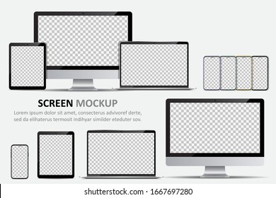 Screen mockup. Computer monitor, laptop, tablet and smartphone with blank screen for design