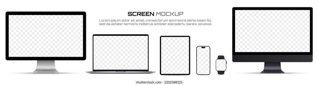 Screen mockup devices. Computer monitor, laptop, tablet, smartphone, smart watch