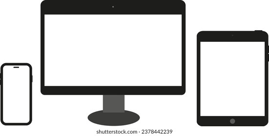 Screen mockup devices. Computer monitor, laptop, tablet, smartphone. The computer, tablet, phone is isolated. Vector computer mockup