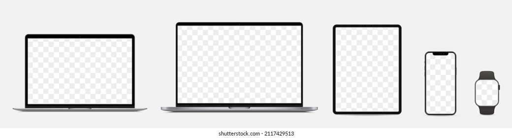 Screen mockup. Laptops, tablet, smartphone and smartwatch with blank screen for design