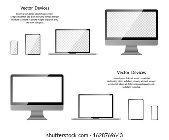 Screen mockup. Realistic Computer monitor, Laptop, Tablet and Phone with transparent and white screens. Electronic Devices and Gadgets, isolated on white background. Vector illustration.