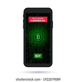 screen of a modern smartphone. button buy bitcoin on a crypto exchange on the background of a binary code. the concept of mining and investment in crypto currency. vector illustration