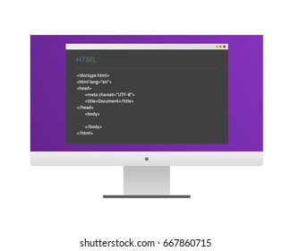 Screen monitor with a window and HTML code. Flat material design. Vector Illustration. Eps10.