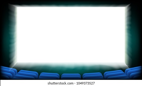 Screen Movie Cinema Vector. Cinema Hall With Blue Seats. Illustration