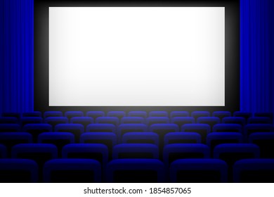 Screen in movie theater with blue curtains and seats background. Empty cinema auditorium vector illustration. Film presentation or performance event. Watching entertainment scene.