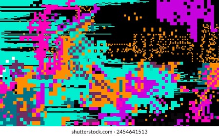 Pantalla con destellos y parpadeos de píxeles de neón. Concepto de Ilustración vectorial de un programa roto o malware.