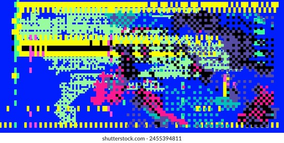 Pantalla con destellos y parpadeos de píxeles de neón. Concepto de Ilustración vectorial de un programa roto o malware.