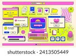 The screen of an old retro PC in the y2k style. Retro wave and vaporwave background. Bright vintage computer interface