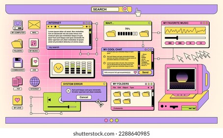 Der Bildschirm eines alten Retro-PCs im y2k-Stil. Retro-Wellen- und Vaporwellenhintergrund. Helle Vintage-Computerschnittstelle