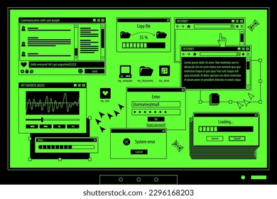 The screen of an old retro PC in the y2k style. Retro wave and vaporwave background. Bright vintage computer interface