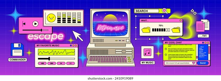 The screen of an old retro PC in the y2k style. Retro wave and vaporwave background. Bright vintage computer interface