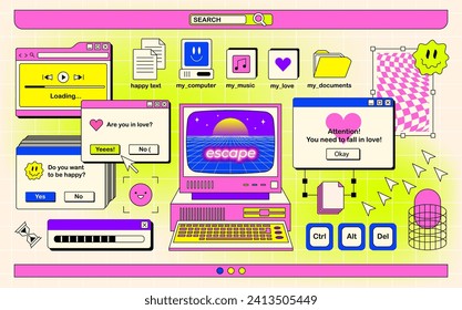 The screen of an old retro PC in the y2k style. Retro wave and vaporwave background. Bright vintage computer interface