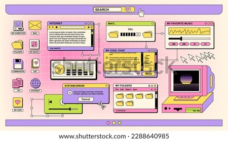 The screen of an old retro PC in the y2k style. Retro wave and vaporwave background. Bright vintage computer interface