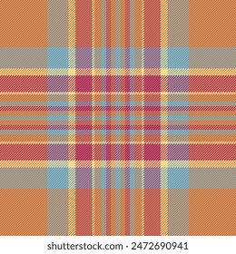 Screen pattern check background, mix plaid vector seamless. Wool textile fabric tartan texture in orange and red color.