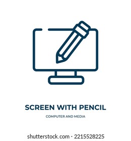 Screen with pencil icon. Linear vector illustration from computer and media collection. Outline screen with pencil icon vector. Thin line symbol for use on web and mobile apps, logo, print media.