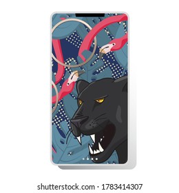 Screen of phone with black panther and pink flamingo pattern - bacground with monstera leafs