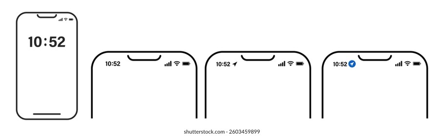 Screen phone display. Set of status bar screen as signal, wifi, battery, time.