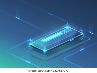 Screen phone neon icon loading modern. blue background. Vector illustration