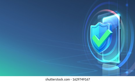 Screen phone neon icon padlock modern. blue background. Vector illustration